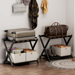 Fully Assembled Bamboo Folding Luggage Rack with Storage Shelf