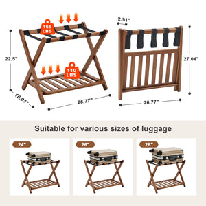 Wooden luggage rack with weight capacity indicators; accommodates 24", 26", and 28" suitcases; dimensions provided.