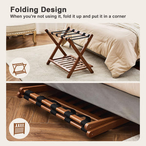 Fully Assembled Bamboo Folding Luggage Rack with Storage Shelf