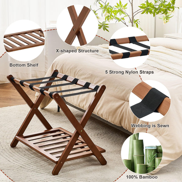 Fully Assembled Bamboo Folding Luggage Rack with Storage Shelf
