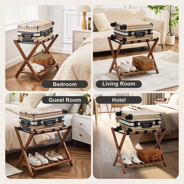 Fully Assembled Bamboo Folding Luggage Rack with Storage Shelf