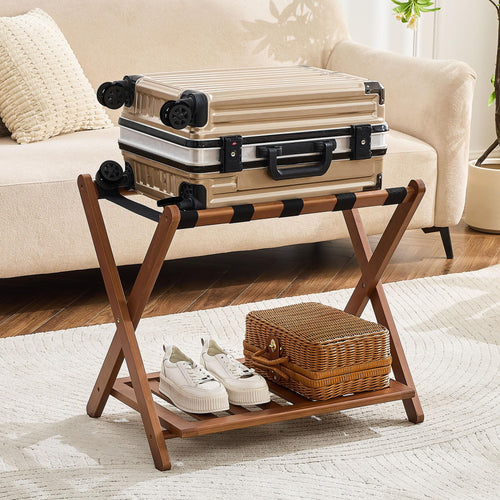 Fully Assembled Bamboo Folding Luggage Rack with Storage Shelf