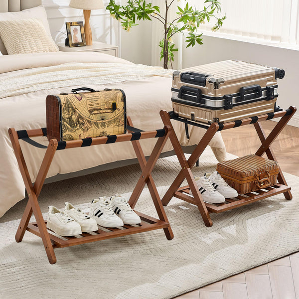 Fully Assembled Bamboo Folding Luggage Rack with Storage Shelf