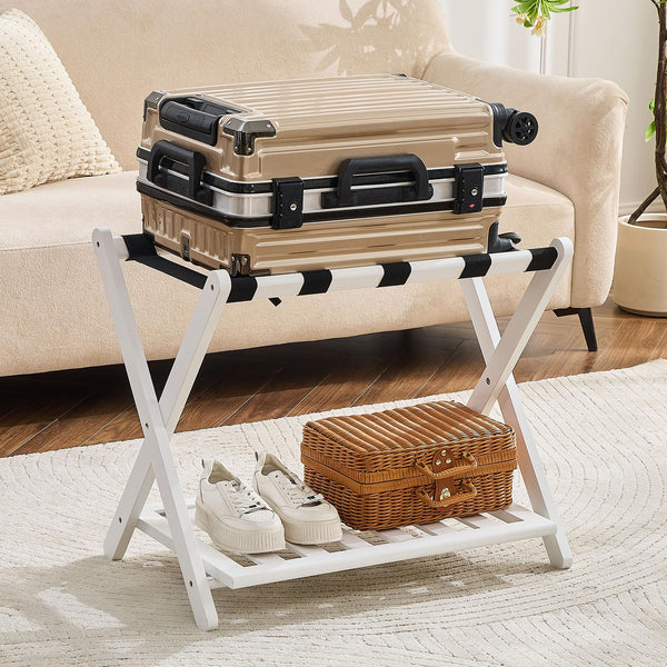 Fully Assembled Bamboo Folding Luggage Rack with Storage Shelf