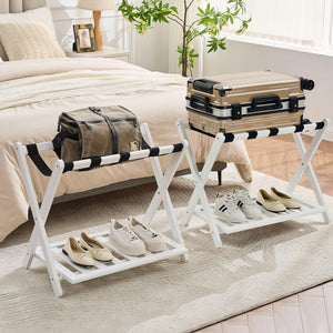 Fully Assembled Bamboo Folding Luggage Rack with Storage Shelf