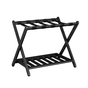 A modern, black, two-tier shoe rack with a sleek design and sturdy cross-support construction. Suitable for organizing footwear.