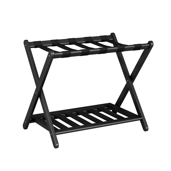A modern, black, two-tier shoe rack with a sleek design and sturdy cross-support construction. Suitable for organizing footwear.