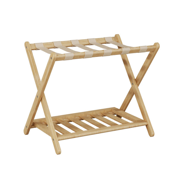Fully Assembled Bamboo Folding Luggage Rack with Storage Shelf