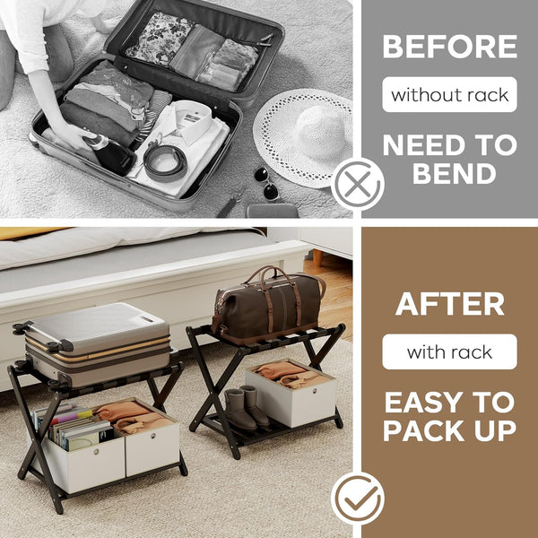 Fully Assembled Bamboo Folding Luggage Rack with Storage Shelf