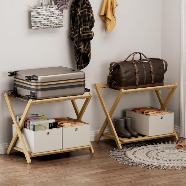 Fully Assembled Bamboo Folding Luggage Rack with Storage Shelf