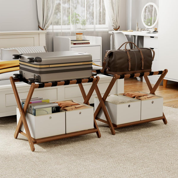 Fully Assembled Bamboo Folding Luggage Rack with Storage Shelf