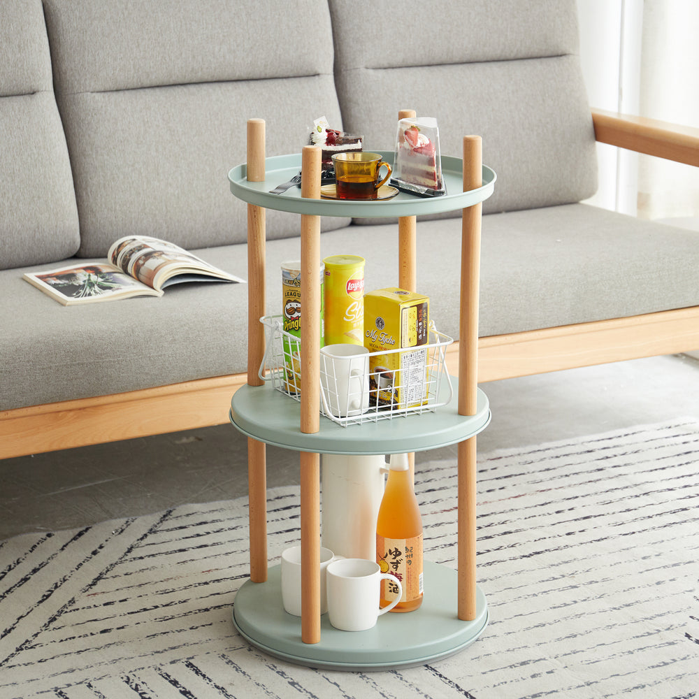 Multifunctional 360° Rotating Bookshelf with Large-Capacity Storage in Blue Solid Wood, 3-Tier Design