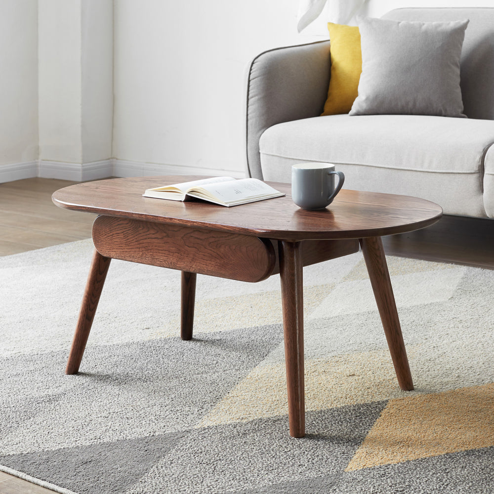 Natural Wood Capsule Center Table with Drawers, Solid Wood, Oak Finish, 100x52x46 cm