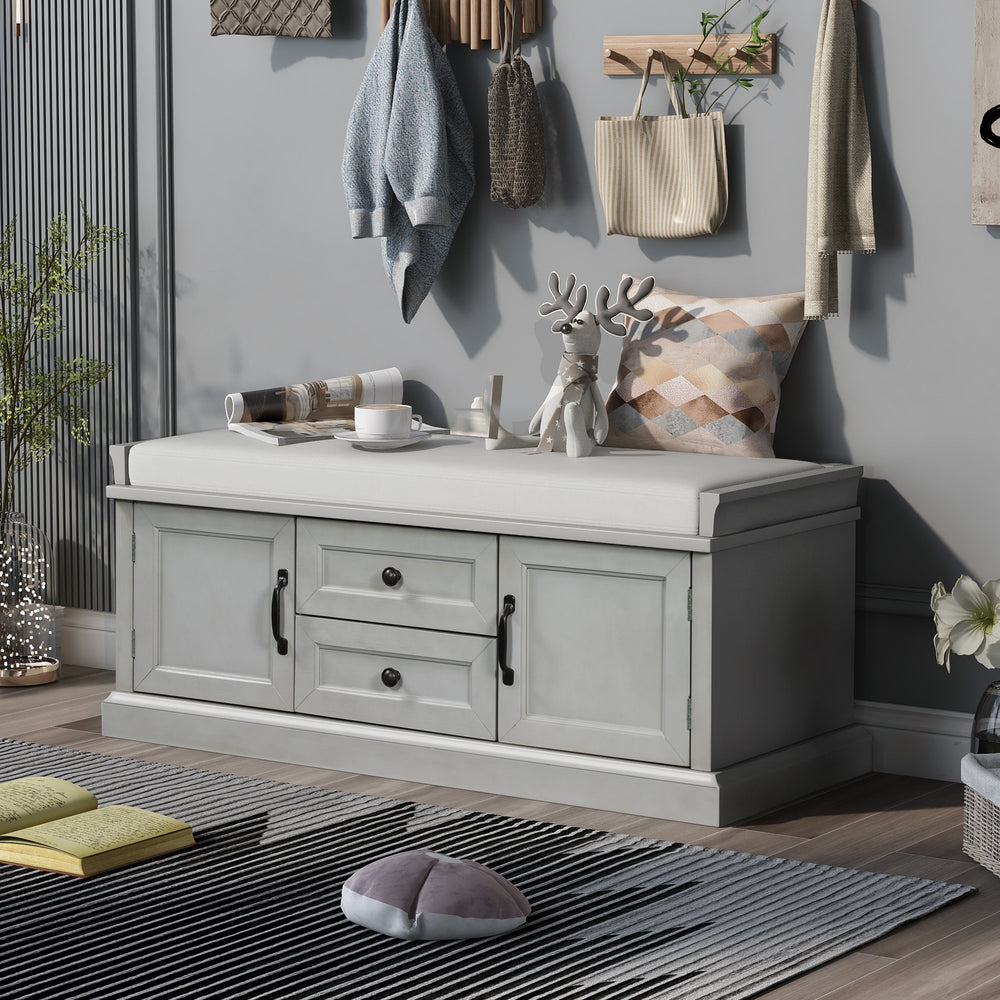 Gray Wash Storage Bench with 2 Drawers and 2 Cabinets - Shoe Bench with Removable Cushion for Living Room or Entryway