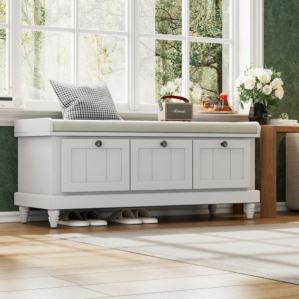 Light Gray Classic Shoe Bench with Cushion and 3 Drawers - Fluted Entryway Storage Bench for Living Room, Entryway, or Hallway