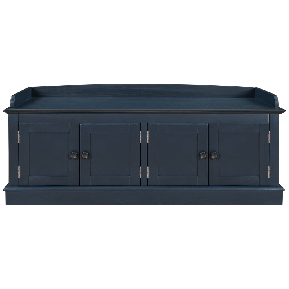 Antique Navy Storage Bench with 4 Doors and Adjustable Shelves, Removable Cushion, MDF and Pine Wood