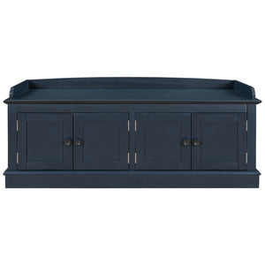 Antique Navy Storage Bench with 4 Doors and Adjustable Shelves, Removable Cushion, MDF and Pine Wood