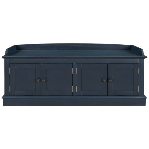 Antique Navy Storage Bench with 4 Doors and Adjustable Shelves, Removable Cushion, MDF and Pine Wood