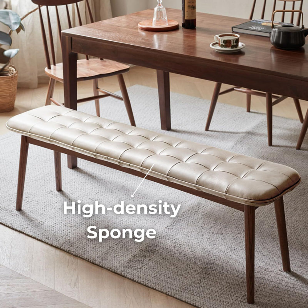 Off-White Natural Oak Dining Bench - Solid Wood Table Bench with Leather Cushion for Living Room or Dining Room