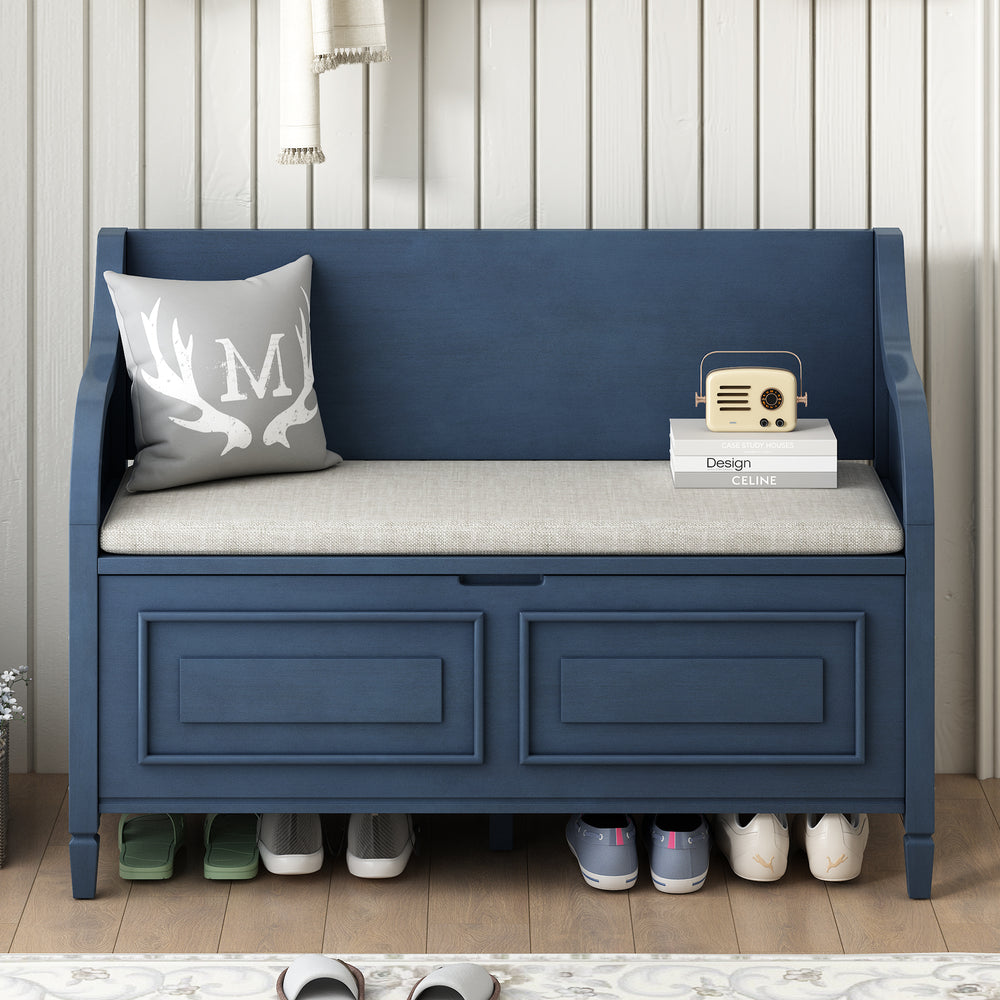 Antique Navy & Beige Rustic Solid Wood Entryway Storage Bench - Multifunctional Design with Safety Hinge