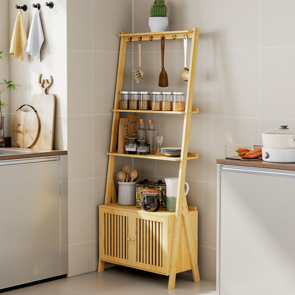 A bamboo kitchen shelf with jars of spices, utensils, and decorative items, complemented by a wood storage cabinet below.
