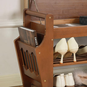 A stylish wooden shoe rack with a book holder, featuring white high heels and a book titled "Sweet."