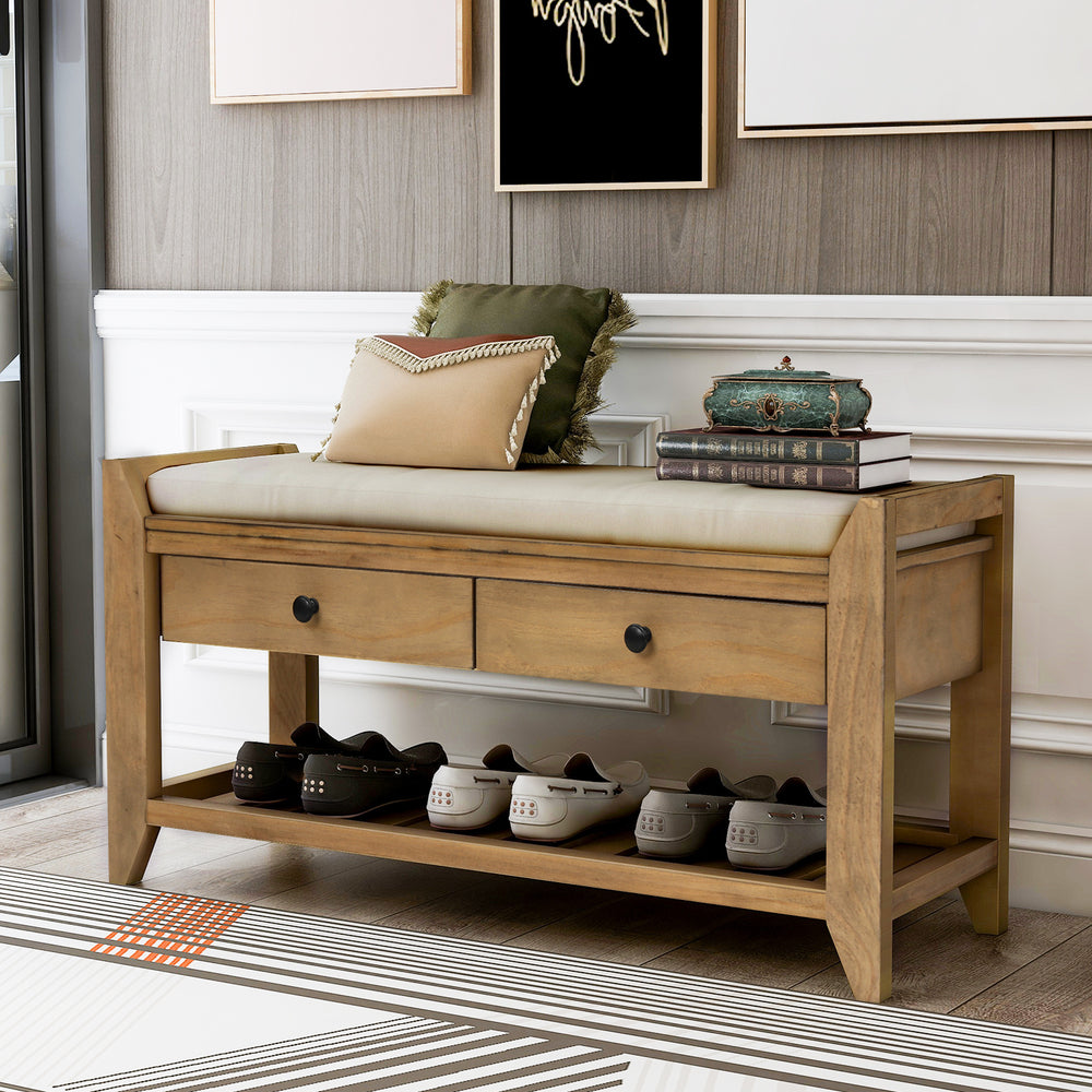 Shoe Rack with Cushioned Seat and Drawers, Multipurpose Entryway Storage Bench, Old Pine, Pine Wood, 39 x 14 inches
