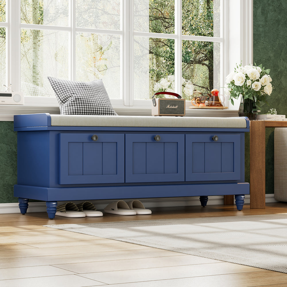 Navy Blue Classic Shoe Bench with Cushion and 3 Drawers - Fluted Entryway Storage Bench for Living Room, Entryway, or Hallway