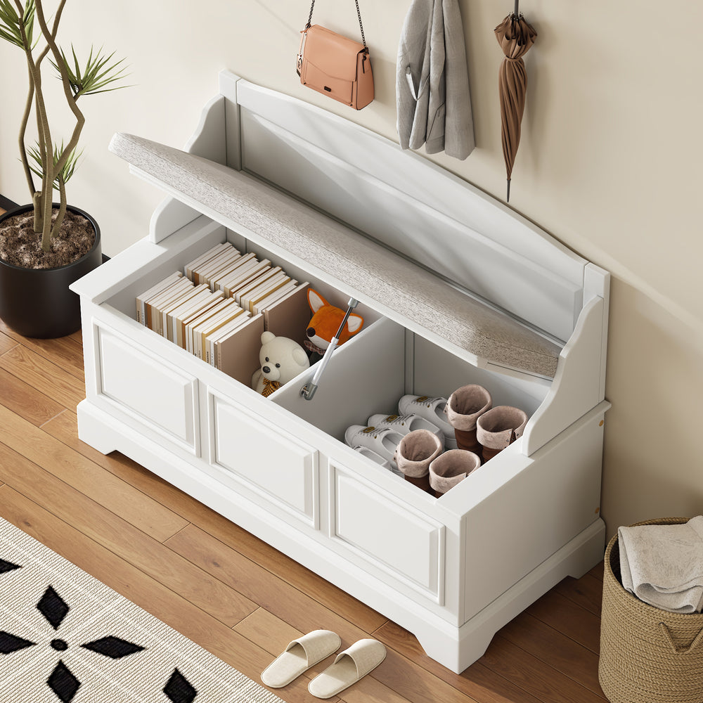 White Retro Shoe Storage Bench with Cushion - Safe Soft-Close Storage Chest with Hidden Compartment for Entryway, Hallway, or Living Room
