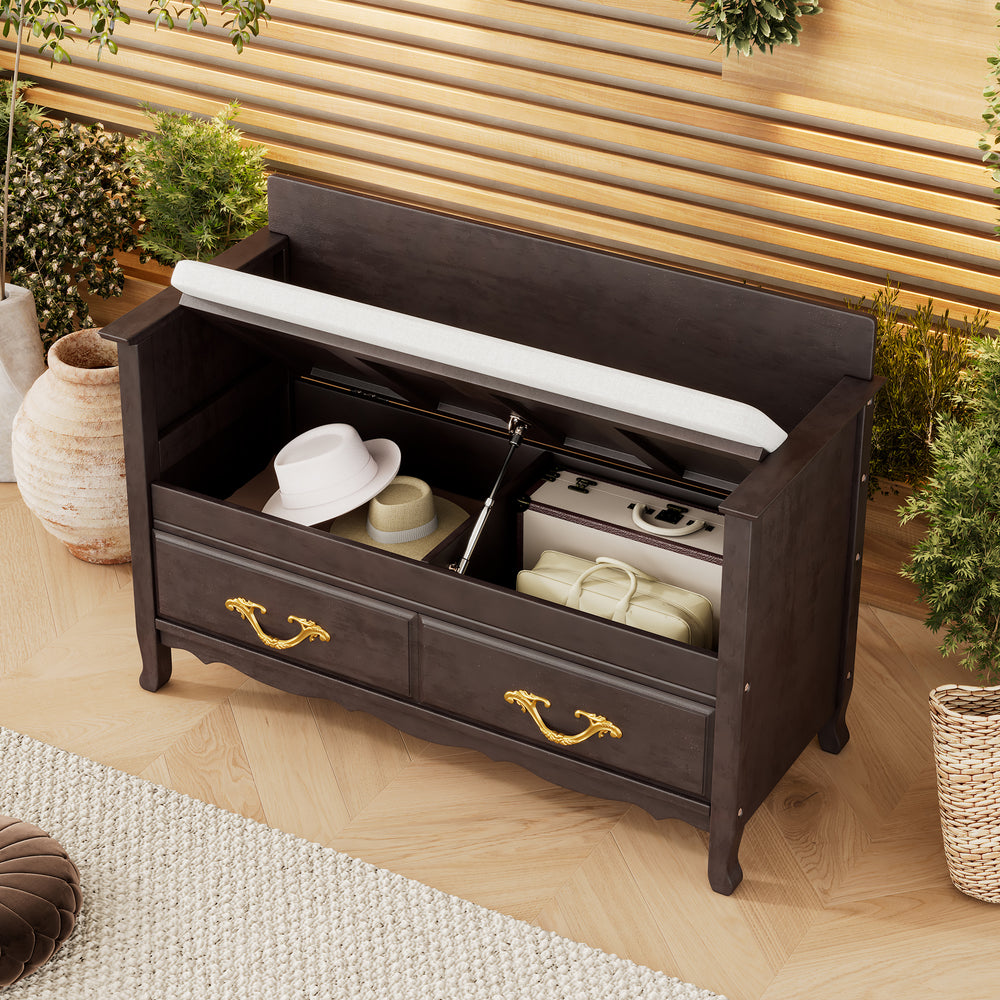 Espresso Shoe Bench with Removable Cushion - Entryway Bench with Back and Hidden Storage for Entrance or Living Room