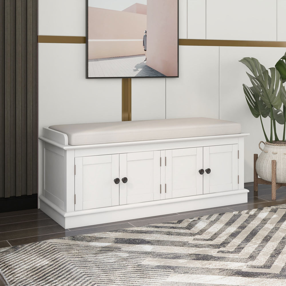 Storage Bench with 4 Doors and Adjustable Shelves, Removable Cushion, White, MDF and Pine Wood