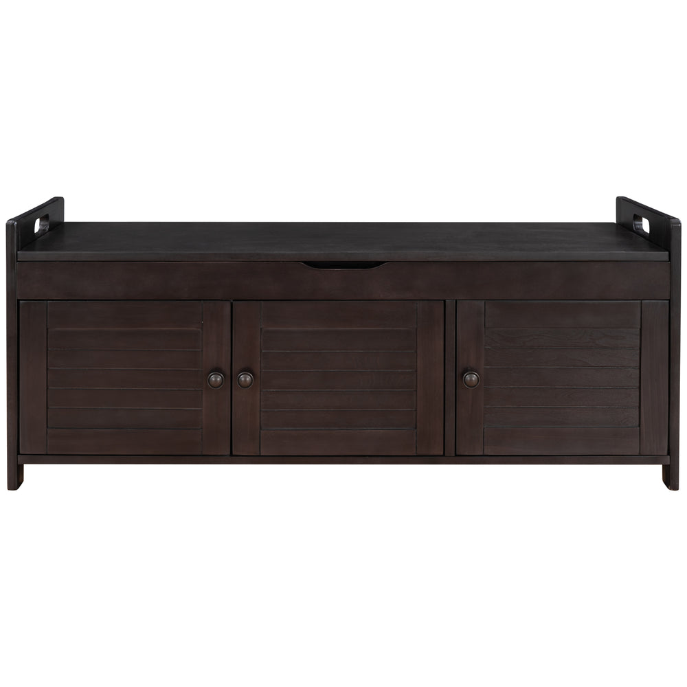 Rustic Storage Bench with Shutter-shaped Doors, Removable Cushion, Hidden Storage Space, Espresso, Pine Wood/MDF