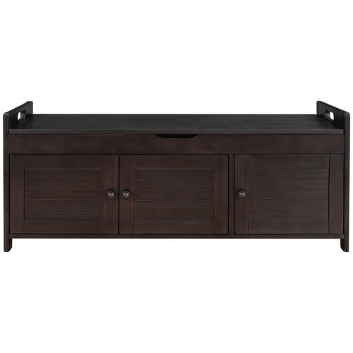 Rustic Storage Bench with Shutter-shaped Doors, Removable Cushion, Hidden Storage Space, Espresso, Pine Wood/MDF