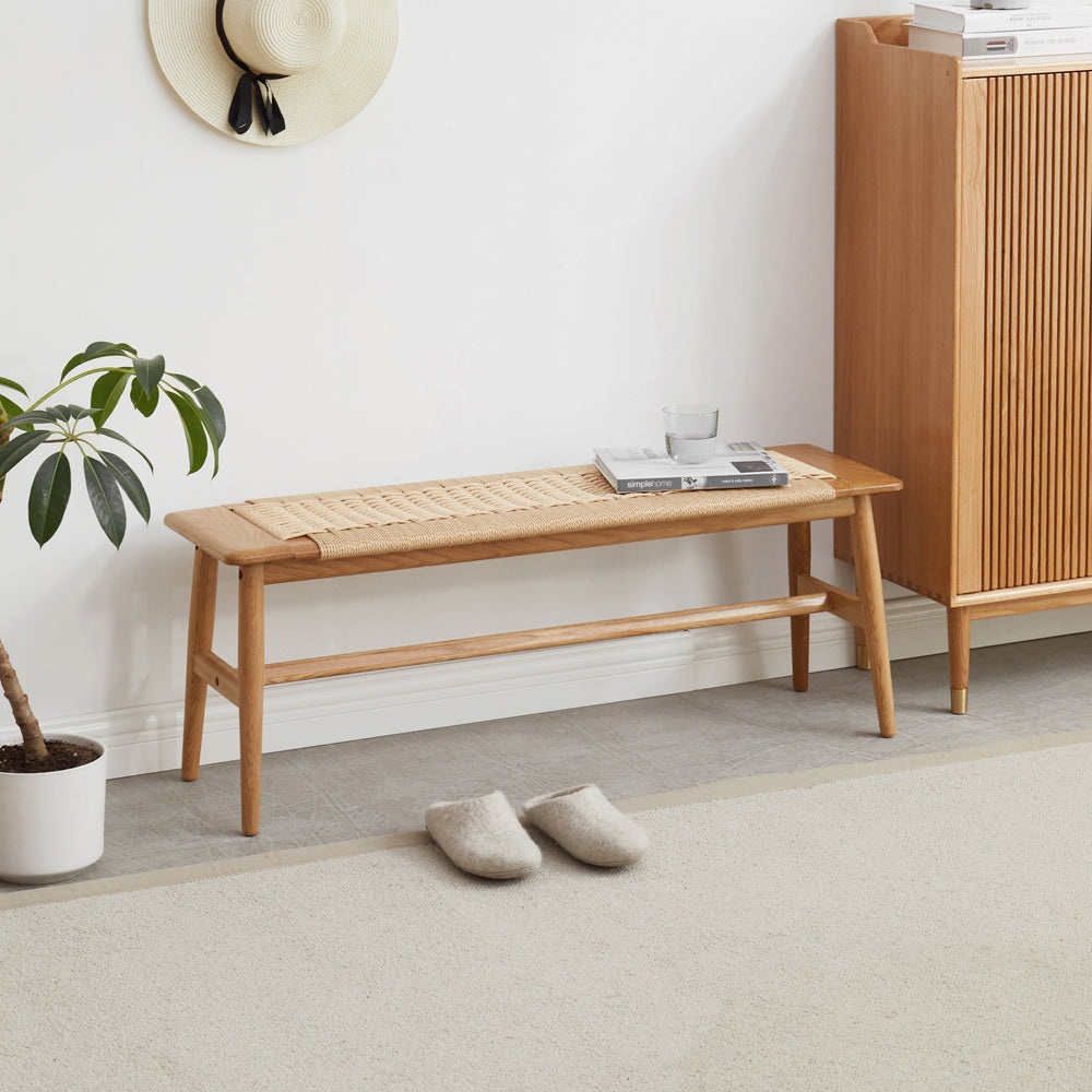 (1.2M) Woven Design Natural Oak Wood Dining Bench Bed Bench for Dining Room, Bedroom, Bathroom