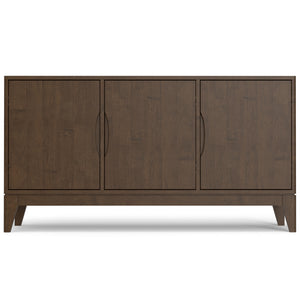 Three-door wooden sideboard with a dark finish and minimalist design, featuring sleek handles and tapered legs.
