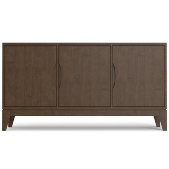 Three-door wooden sideboard with a dark finish and minimalist design, featuring sleek handles and tapered legs.