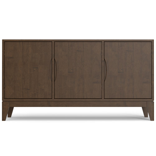 Three-door wooden sideboard with a dark finish and minimalist design, featuring sleek handles and tapered legs.
