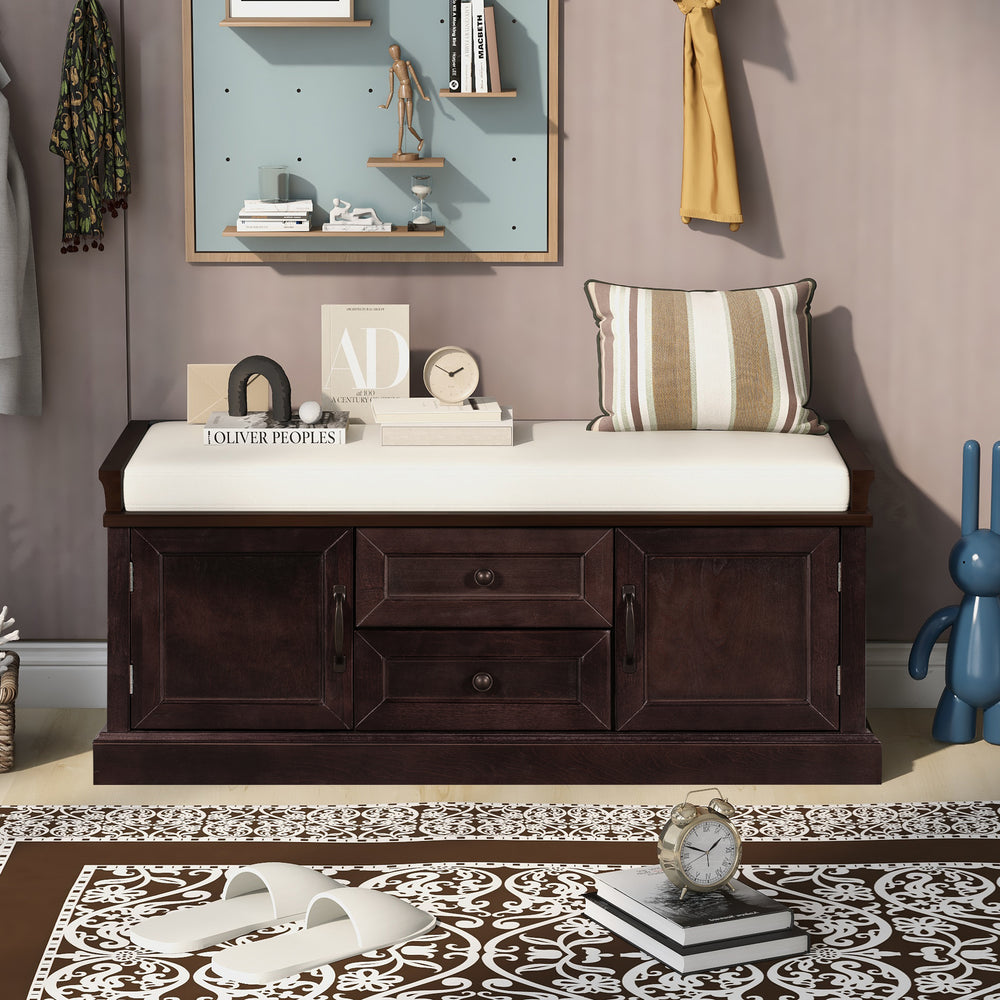 Storage Bench with 2 Drawers and 2 Cabinets, Shoe Bench with Removable Cushion for Living Room, Entryway (Espresso)