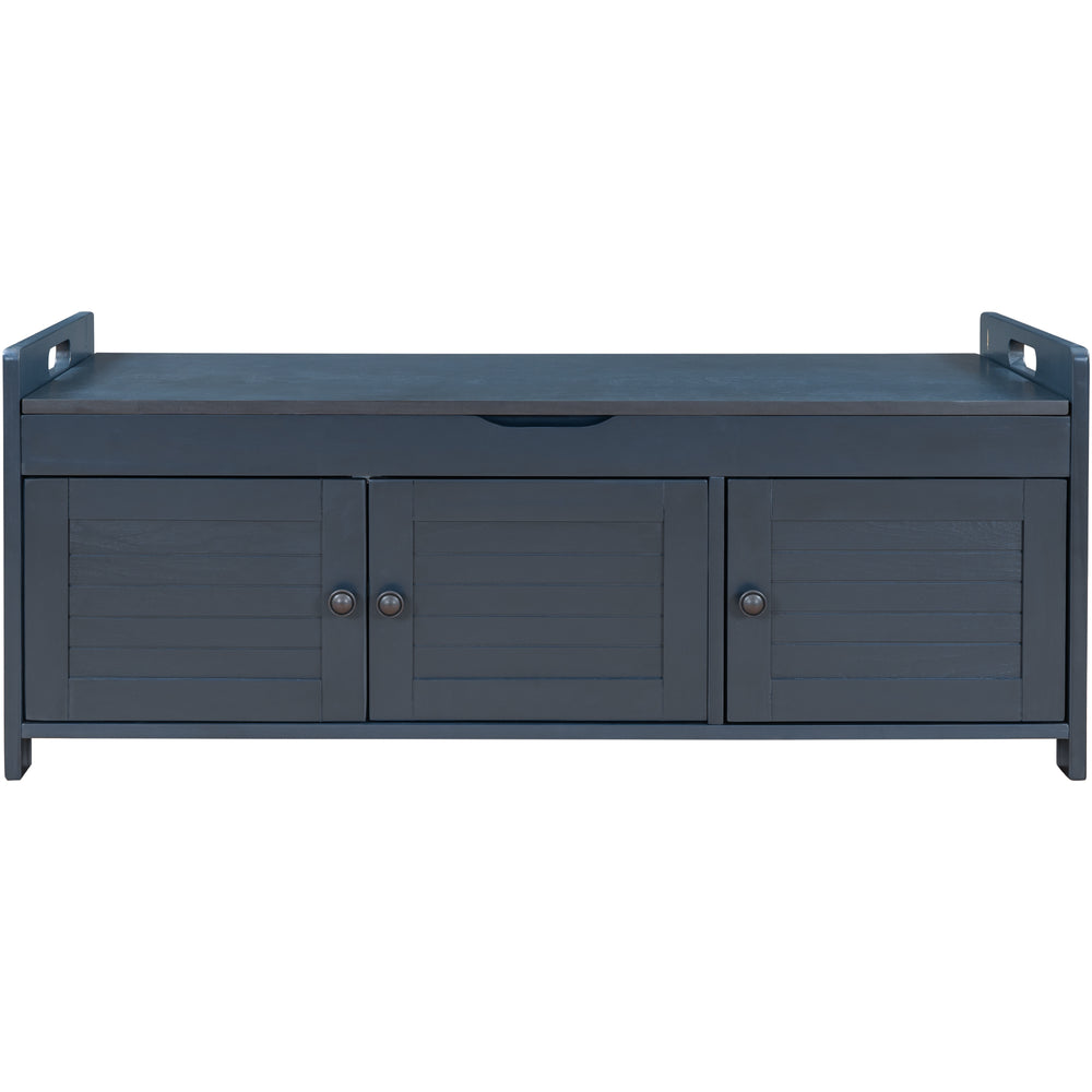 Rustic Storage Bench with 3 Shutter-shaped Doors, Removable Cushion, Hidden Storage Space, Antique Navy, Pine Wood & MDF