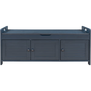 Rustic Storage Bench with 3 Shutter-shaped Doors, Removable Cushion, Hidden Storage Space, Antique Navy, Pine Wood & MDF