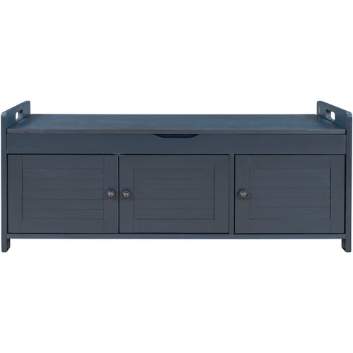 Rustic Storage Bench with 3 Shutter-shaped Doors, Removable Cushion, Hidden Storage Space, Antique Navy, Pine Wood & MDF