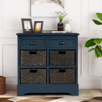 Rustic Storage Cabinet with 2 Drawers and Four  Classic Rattan Basket for Dining Room/Entryway/Living Room (Antique Navy)