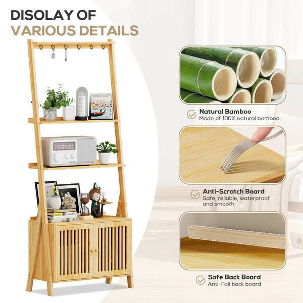 A stylish bamboo shelf unit featuring an anti-scratch board and safe back, showcasing decorative items and a small microwave.