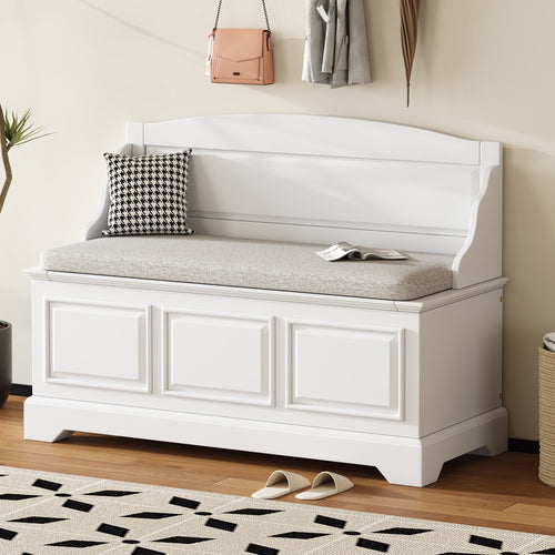 White Retro Shoe Storage Bench with Cushion - Safe Soft-Close Storage Chest with Hidden Compartment for Entryway, Hallway, or Living Room