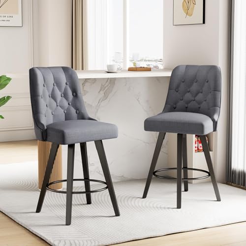 Viroformo 26" Linen Fabric Upholstered Counter Height Bar Stools with Backs and Wood Legs, 360° Swivel, Modern Mid-Century Dining Chairs for Kitchen Island