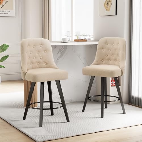 Viroformo 26" Linen Fabric Upholstered Counter Height Bar Stools with Backs and Wood Legs, 360° Swivel, Modern Mid-Century Dining Chairs for Kitchen Island