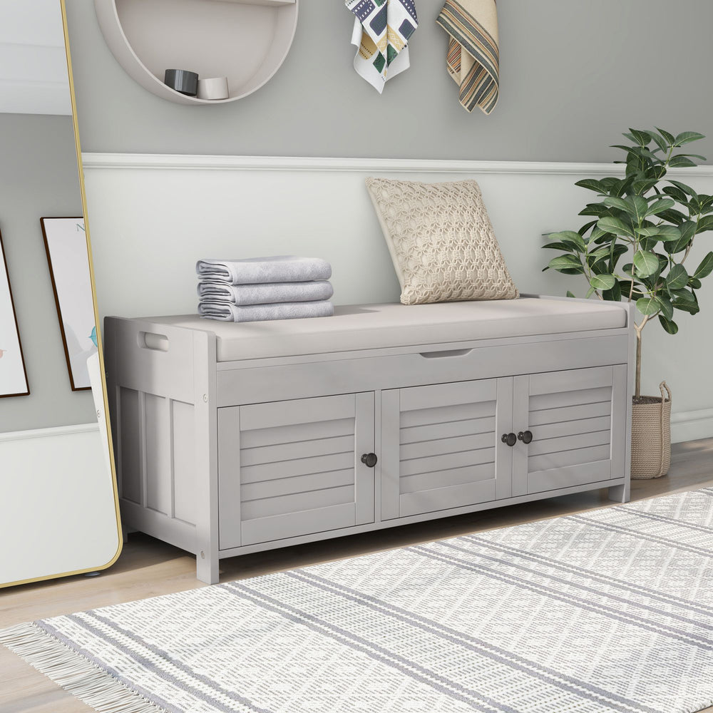 Rustic Storage Bench with Shutter-shaped Doors, Removable Cushion, Hidden Storage Space, Gray Wash, Pine Wood MDF, 43.5''L