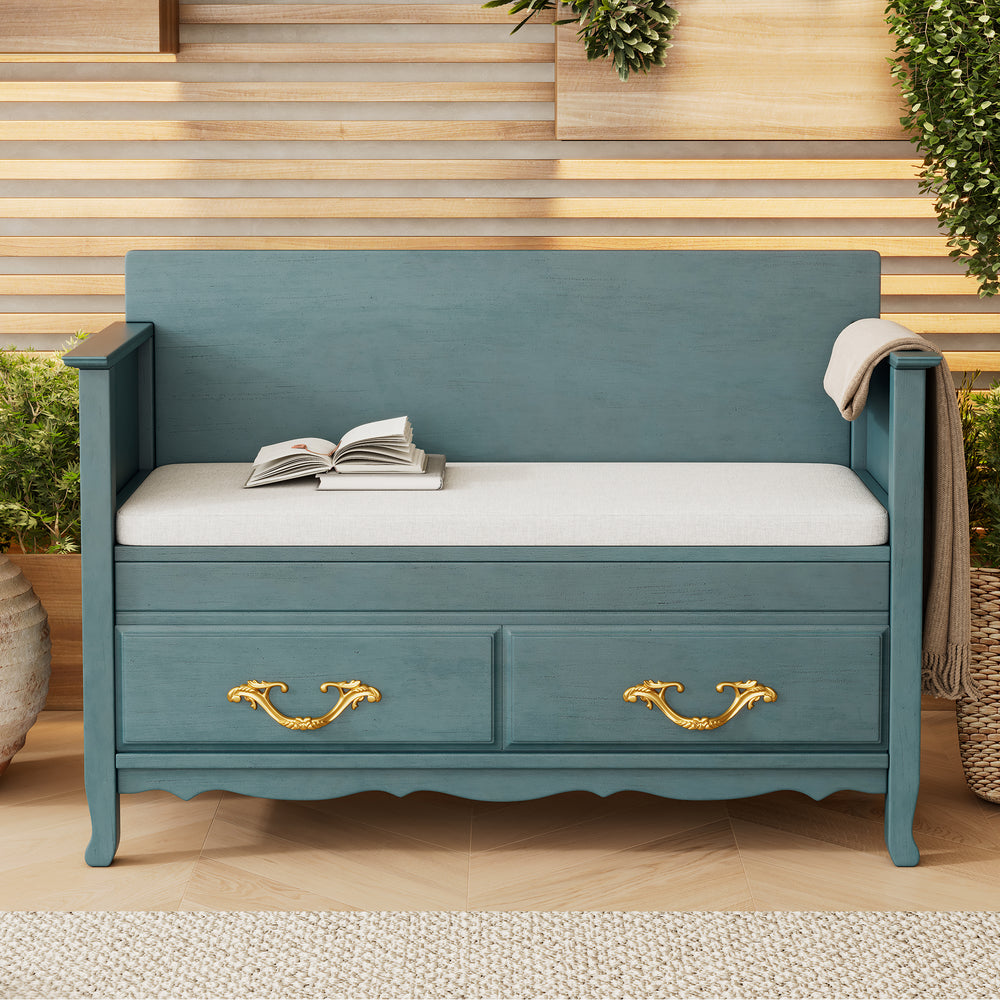 Antique Turquoise Shoe Bench with Removable Cushion - Entryway Bench with Back and Hidden Storage for Entrance or Living Room