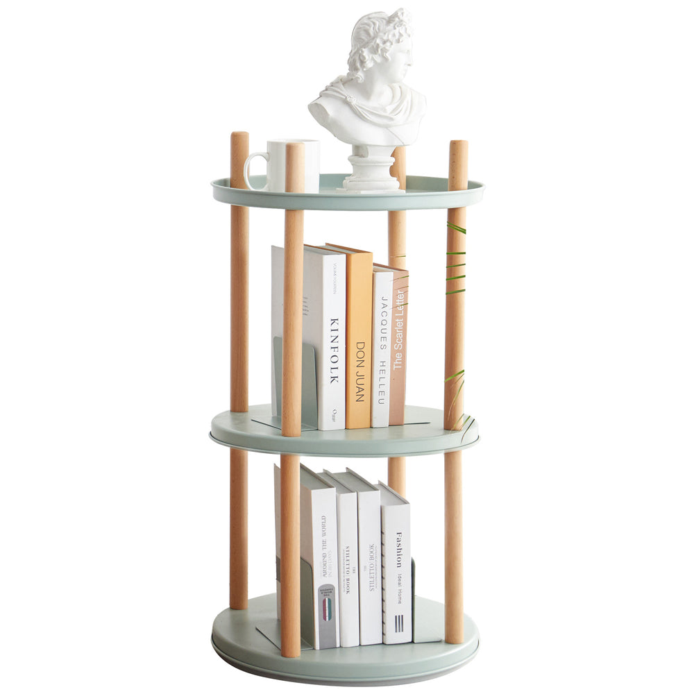 Multifunctional 360° Rotating Bookshelf with Large-Capacity Storage in Blue Solid Wood, 3-Tier Design