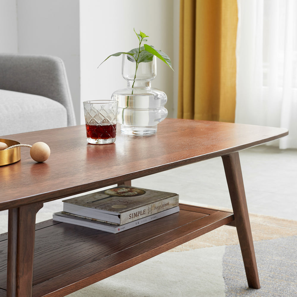 Center Low Table 100% Solid Oak Wood Top Coffee Table with Storage Shelf